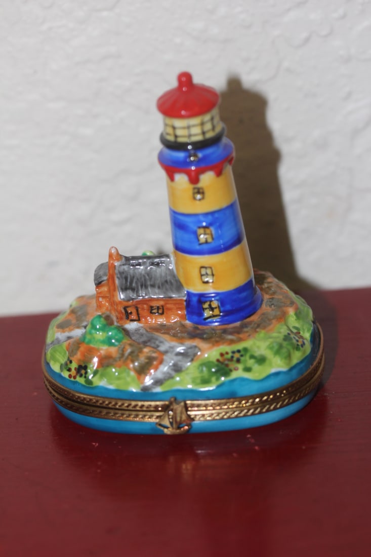 Rare Limoges Lighthouse Trinket Box: rare Elda creations Limoges hand painted lighthouse motief trinket box - 3 3/8" tall