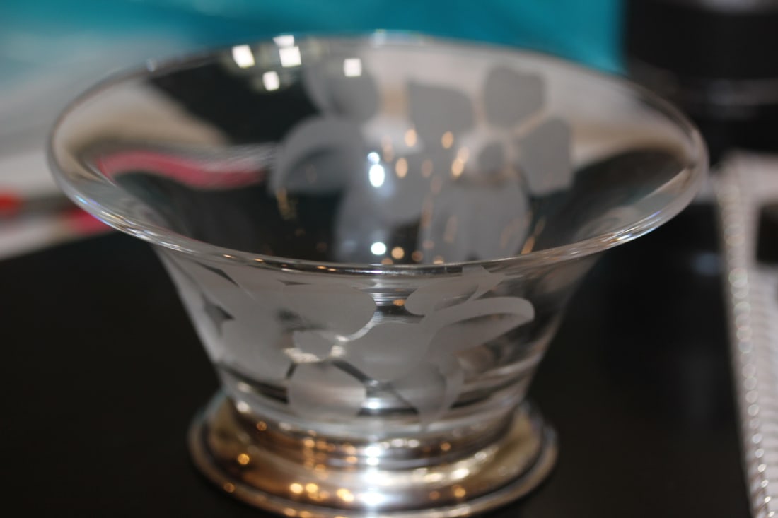Sterling Rim Etched Glass Bowl: 5 7/8" in diameter