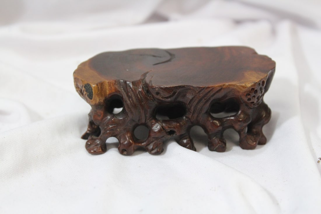 A Chinese Exotic Wood Stand: small - hand carved - 3 5/8" across