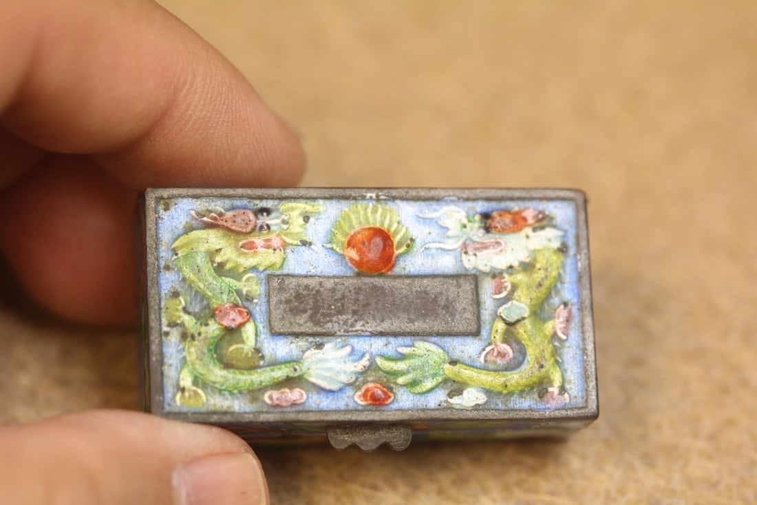 Small Enamel Dragon Chinese Trinket Box: marked "China" - approximately 100 years old - 1 3/4" across