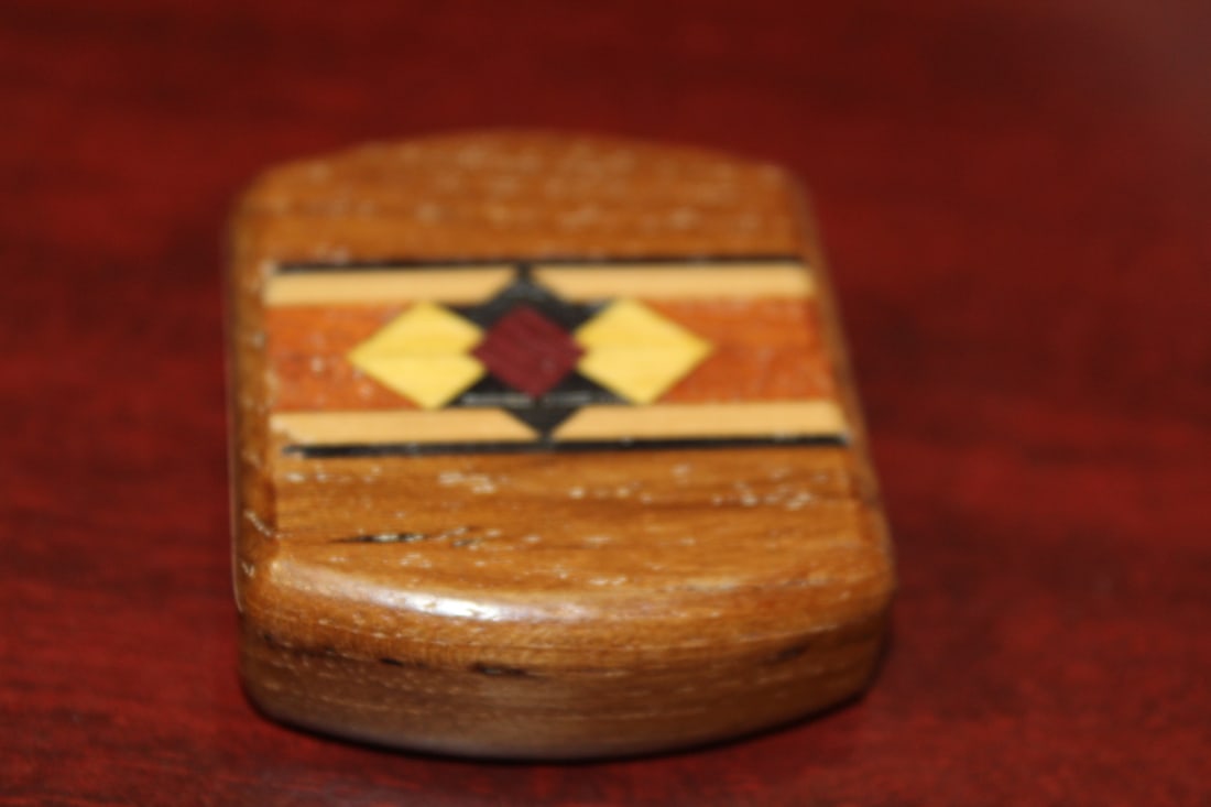 An Inlaid Wooden Slide Trinket Box: 2" across