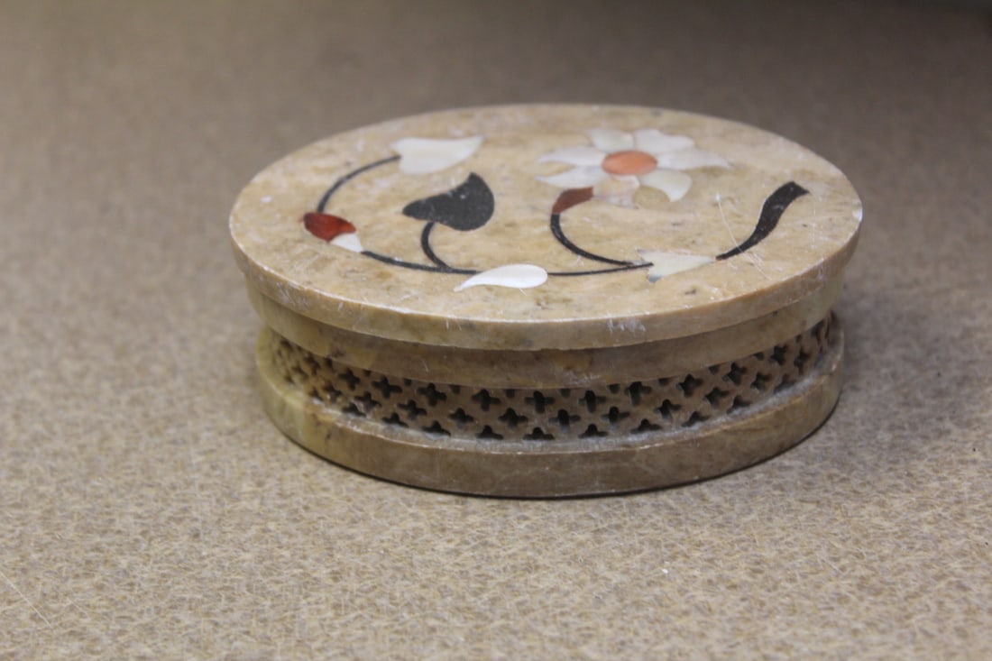 Inlaid Soapstone Box: 4 1/8" in diameter