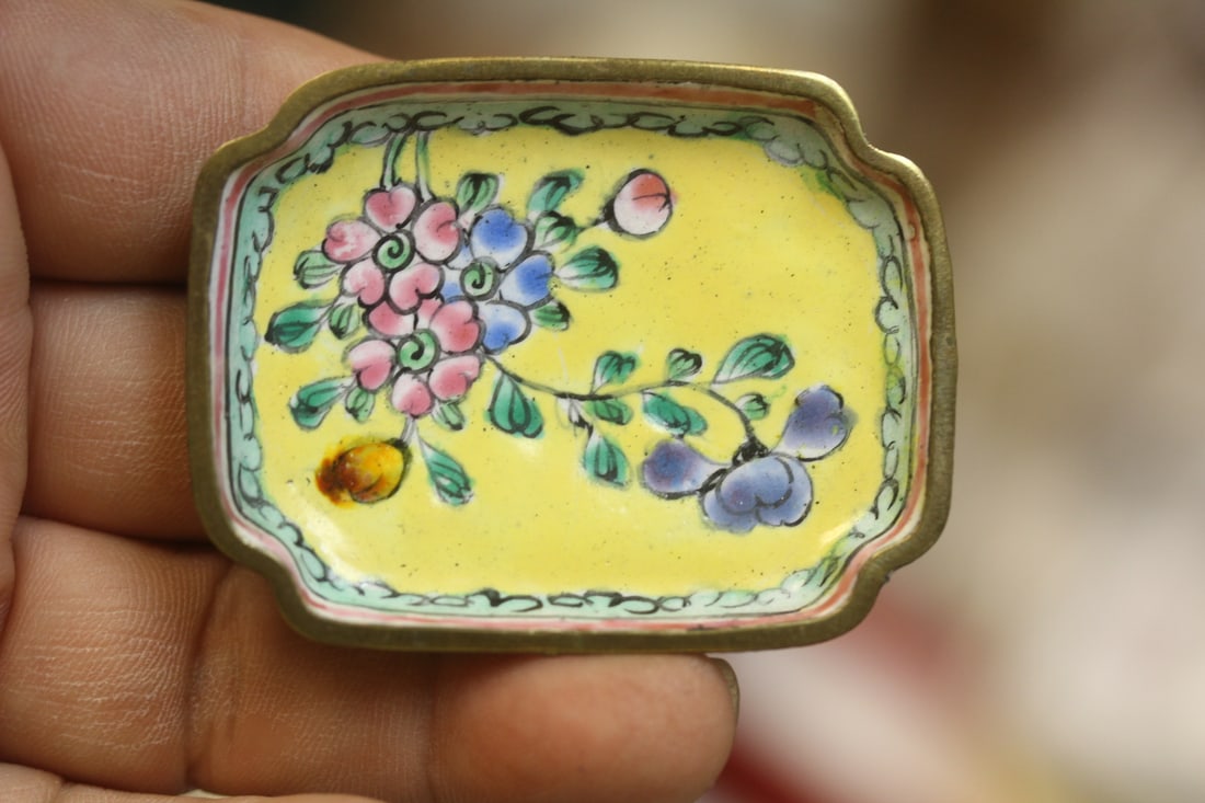 Antique Chinese Small Rectangular Dish: enamel on copper - marked China - 2 1/4" across