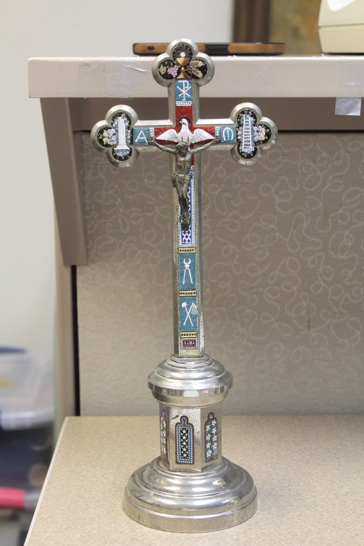 Rare Vntg Italian Micro Mosaic Silverplate Cross: large: 13 1/2" tall - good size