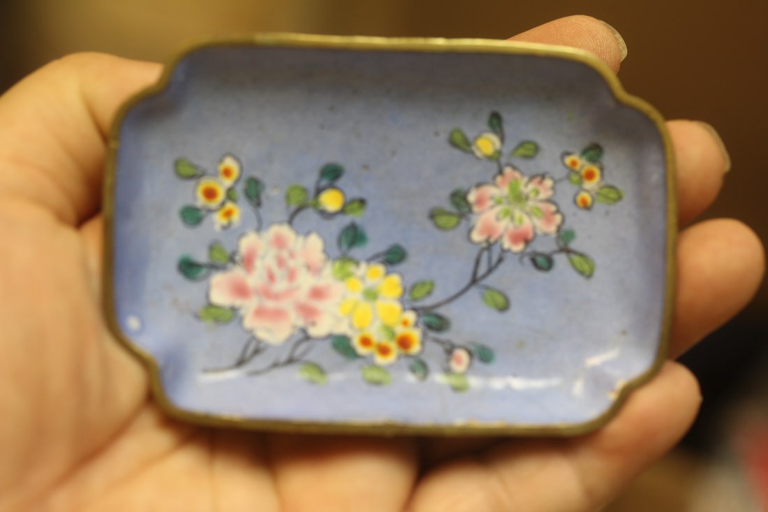 Antique Chinese Small Rectangular Dish: enamel on copper - marked China - 3 1/2" across