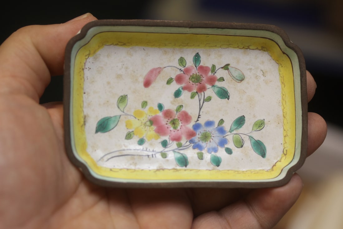 Antique Chinese Small Rectangular Dish: enamel on copper - 3 3/4" across