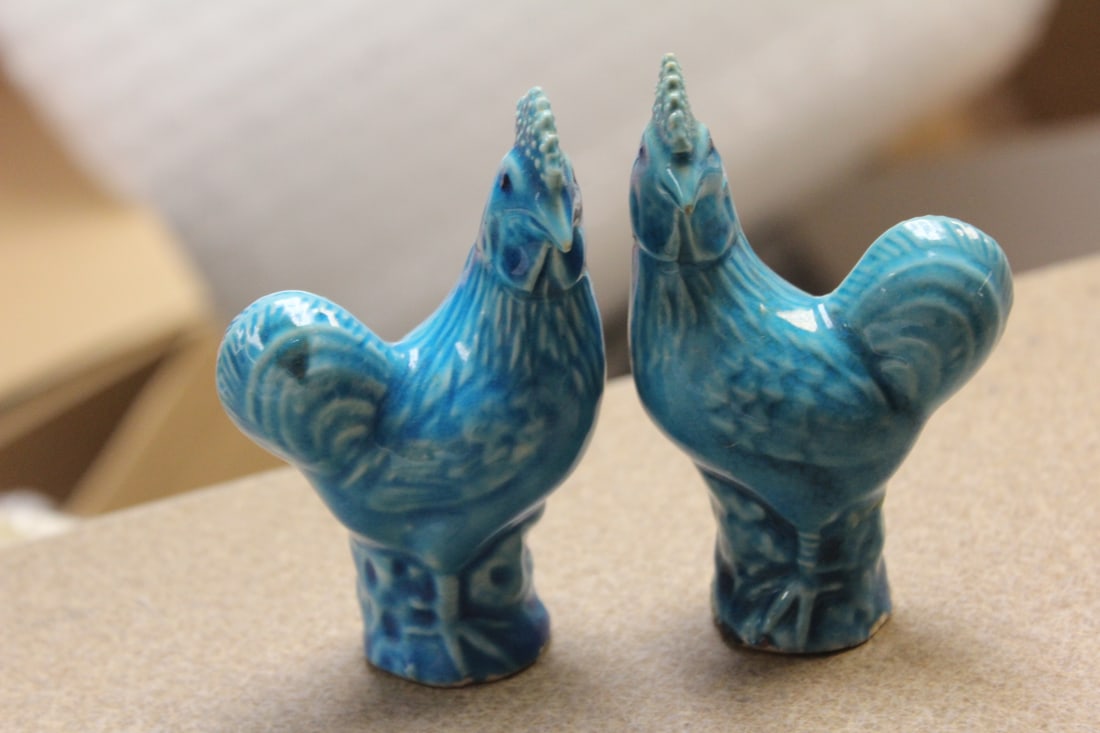 Pair of Antique Chinese Roosters: early 20th century - turquoise - 4 inches tall each