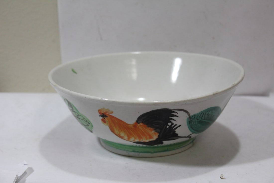 An Antique Chinese Bowl: with chicken and bat - most likely Republic period - 7 3/4" in diameter
