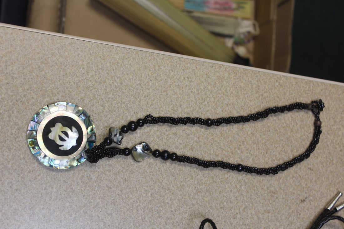 Lacquer, Mother of Pearl, Stone Necklace: overall= 12 3/4" long