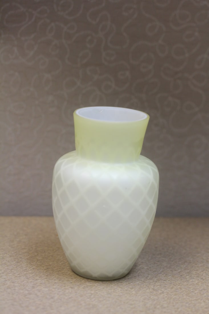 Antique Satin Glass Mini Vase: quilted - please note: small inside chip, hardly noticeable - 4 1/2" tall