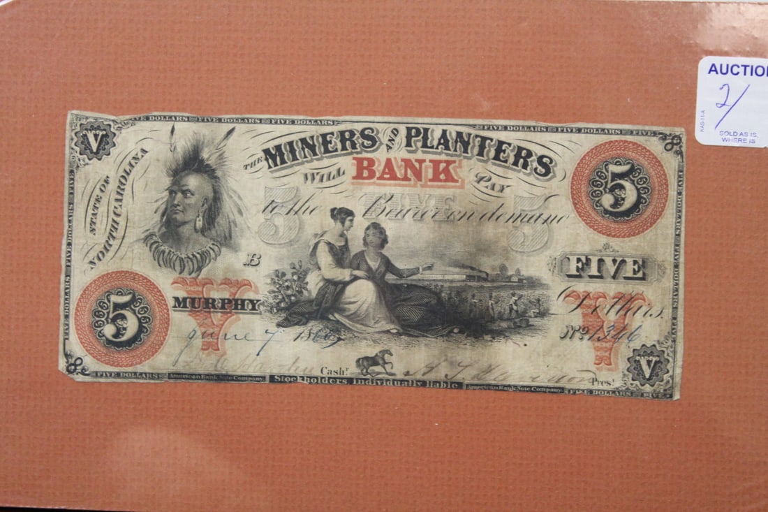 Very Rare Miners and Planters Bank $5 Bank Note: sealed