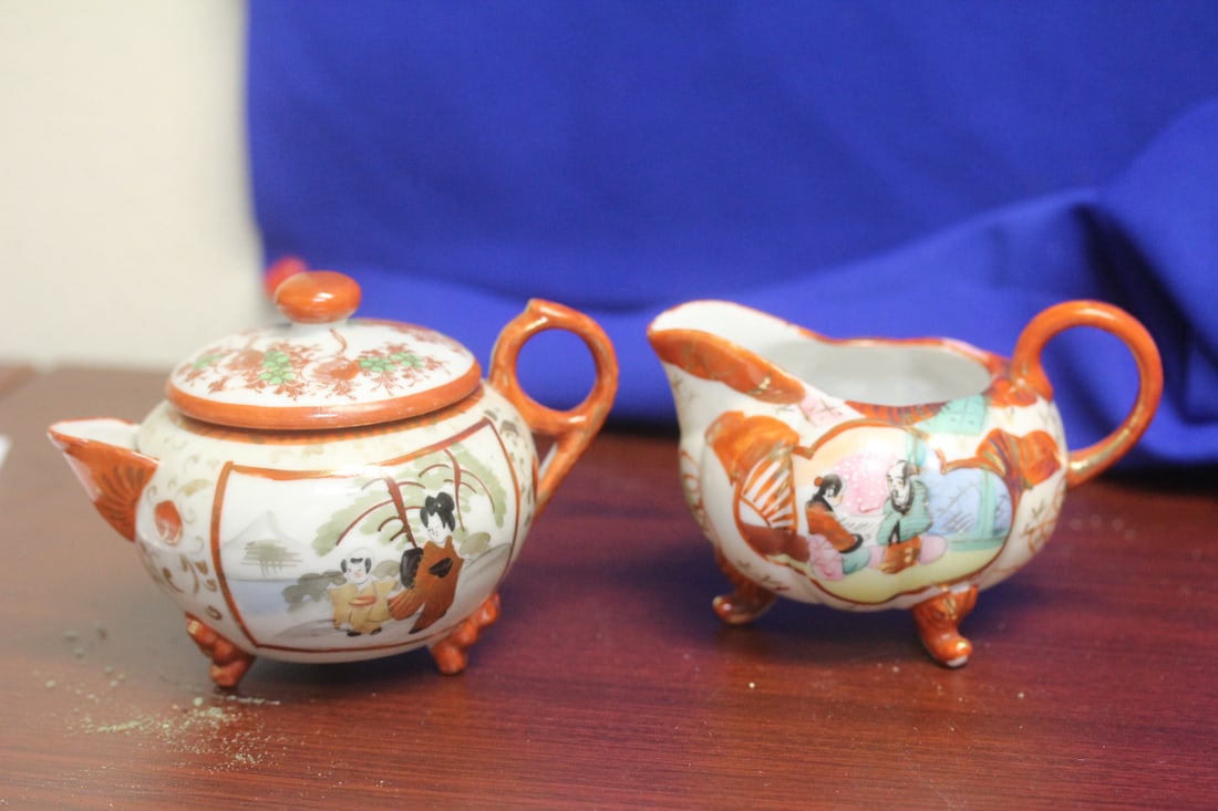 Vintage Signed Kutani Creamer and Sugar Container: Japanese - creamer= 4 3/4" across