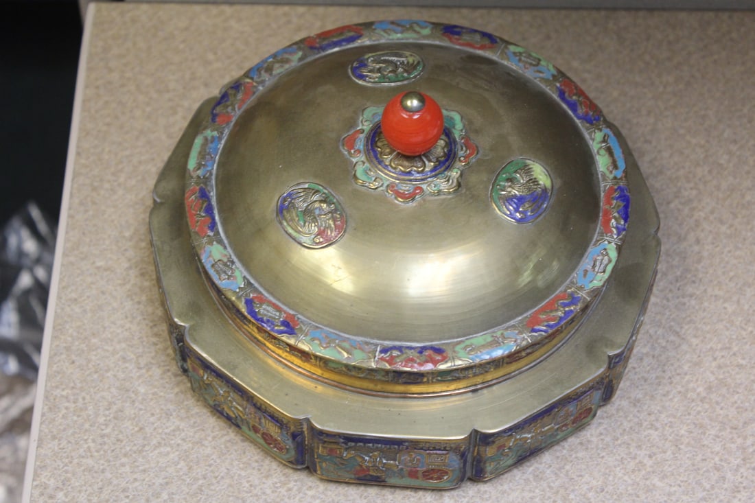 Vintage Chinese Round Box: cloisonne/enamel on copper - with stone/glass - marked China - 6 7/8" in diameter
