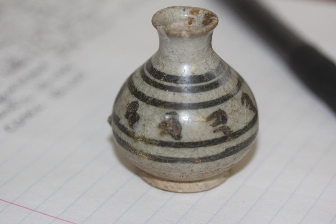 Antique Miniture Vase: very old - possibly centuries ago - origin unknown, possibly Asian or African - 1 3/4" wide - please note: minor roughness on edges as shown