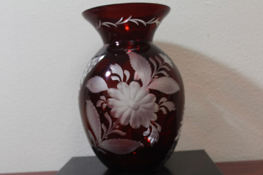A Ruby Red Cut Glass Vase: 10 5/8" tall