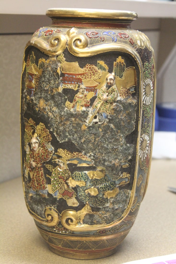 Antique Satsuma Vase: embossed design - most likely 19th to 20th century - 12 1/4" tall