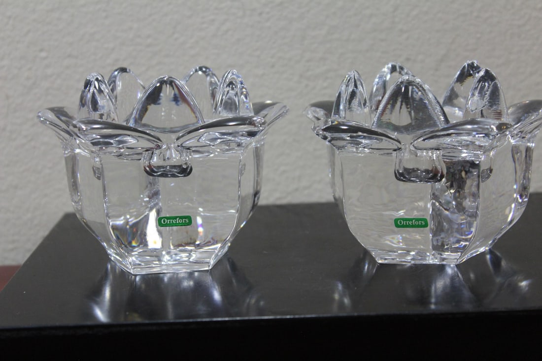 A Pair of Orrefors Candlesticks: 3 1/2" tall