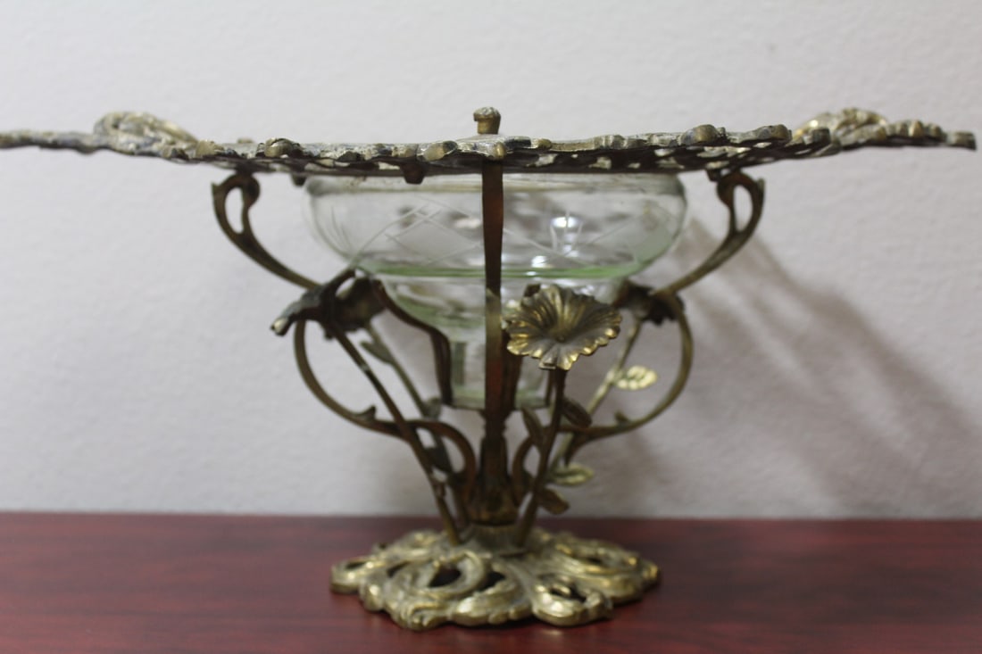 A Metal Mount Cut Glass Center Bowl: possibly brass or bronze mount - please note: chips on rim - 16 1/2" across