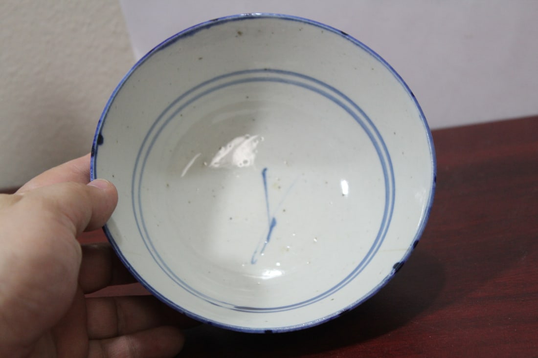 A Signed Antique Chinese Blue and White Bowl: 19th century - 5 1/2" in diameter - please note: hairline