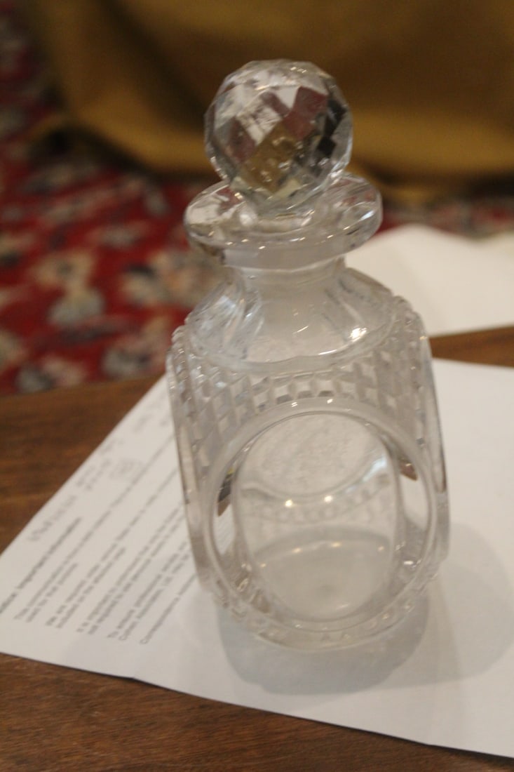 Press Glass Decanter: 7 3/4" tall - please note: needs cleaning