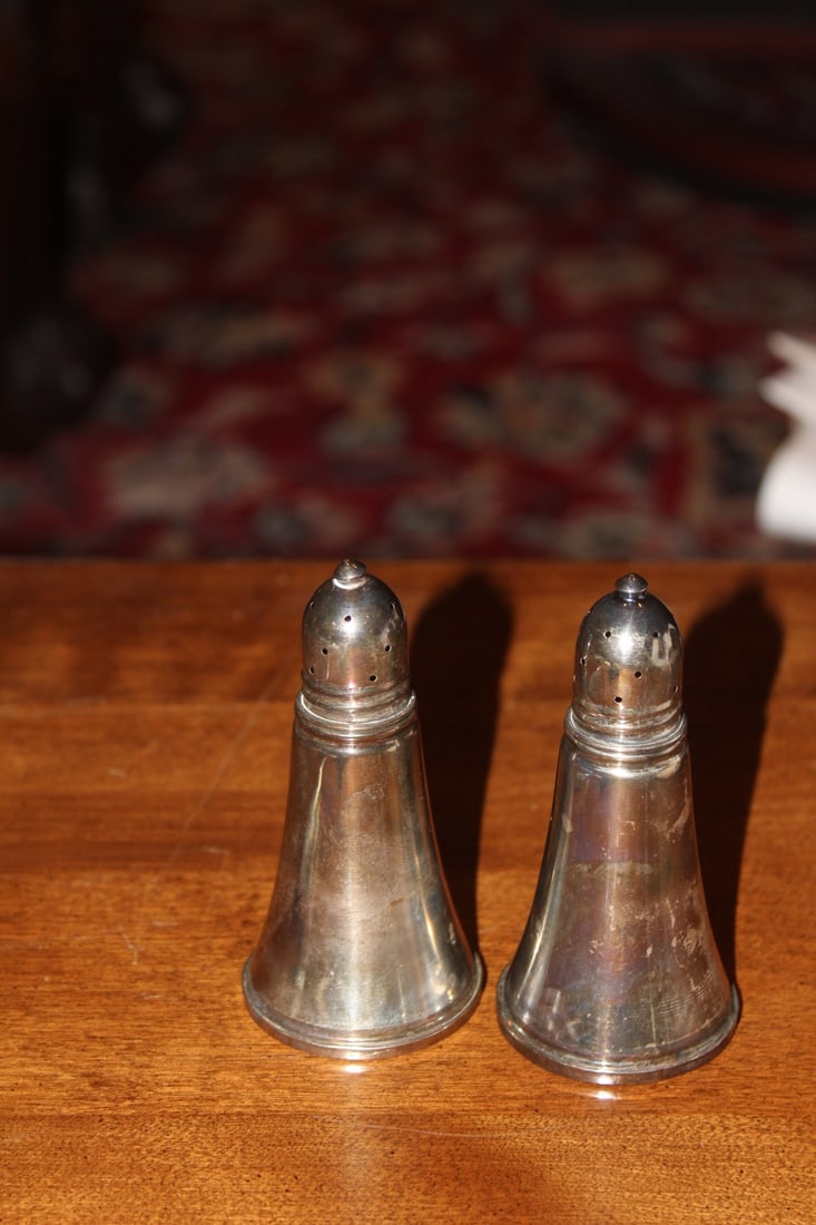 Pair of Sterling and Glass Salt and Pepper Shakers: weighter - 4" tall each
