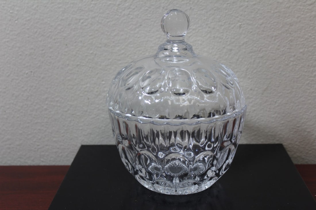 A Facet Glass Jar With Lid: 7 1/2" tall