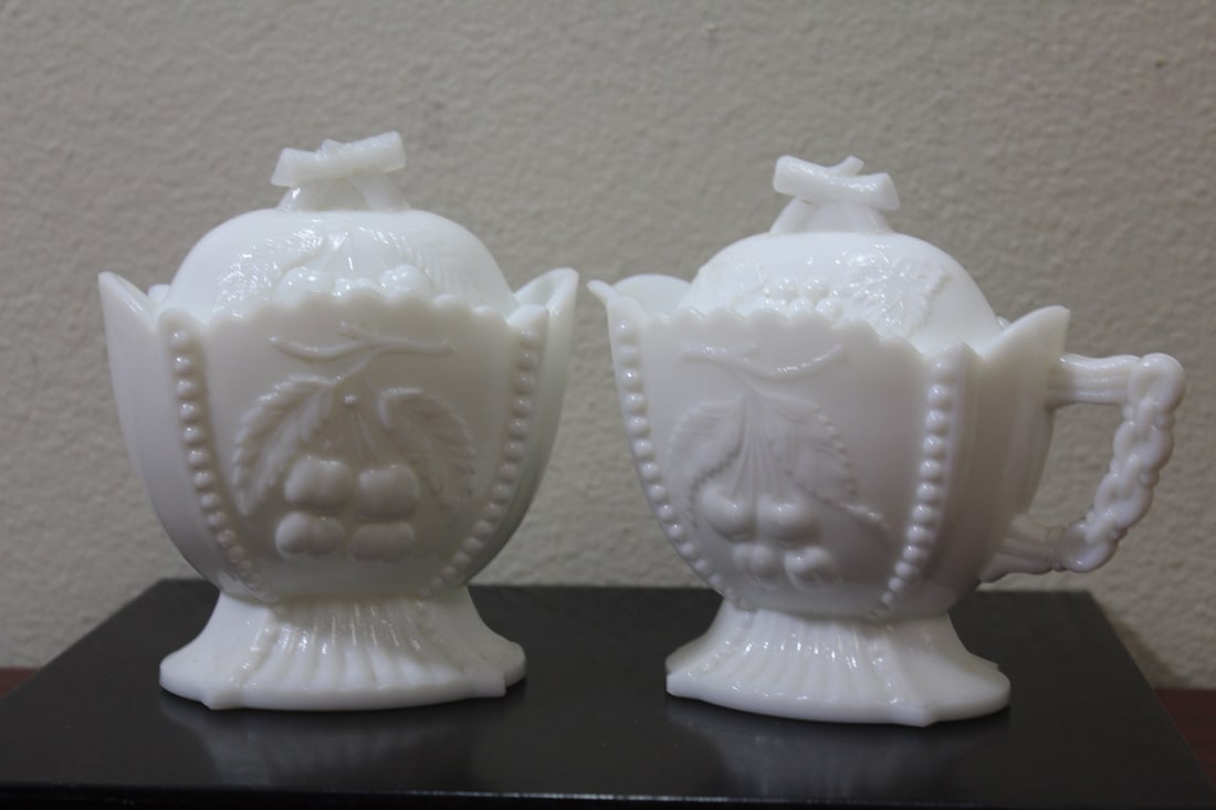 Set of Two Milk Glass Creamer and Sugar: 4 3/4" across, not counting the handle