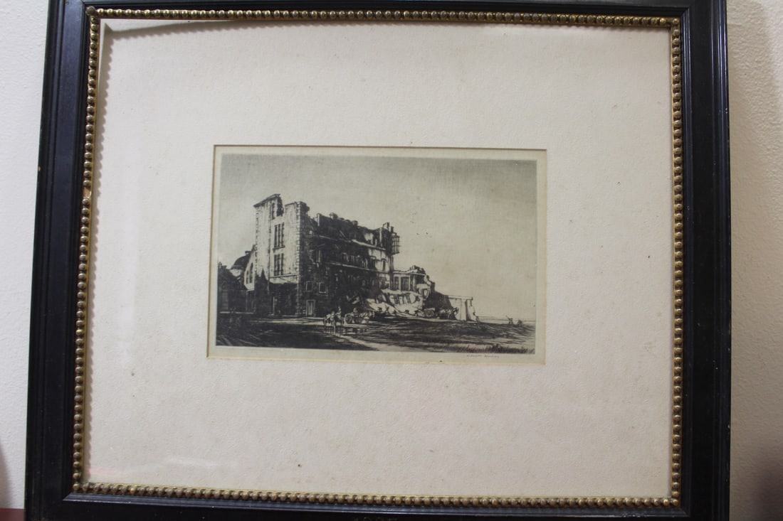 An Etching/Engraving by William Douglas MacLeod: Scottish - frame needs a little minor fix as shown - overall= 24 1/4" x 20 1/4" - rare with the dated frame