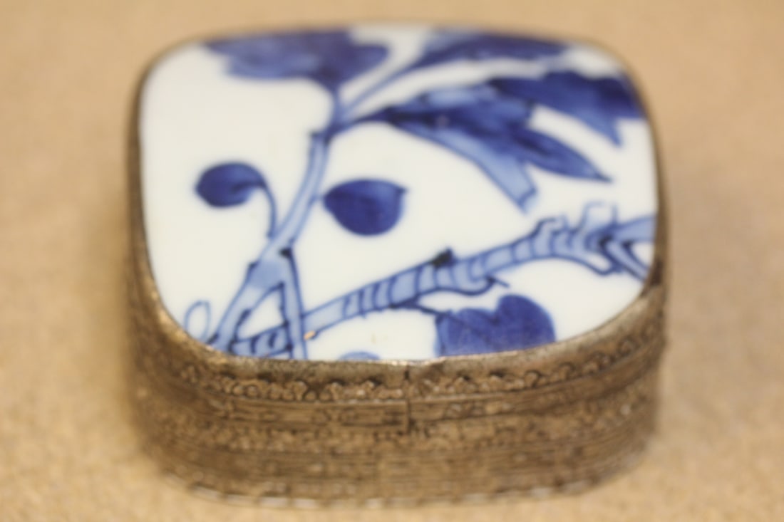 Chinese Porcelain and Metal Box: blue and white porcelain - 3 1/8" square