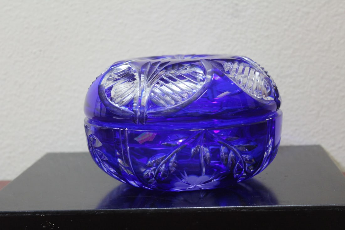 A Cut Glass Cobalt Blue Box: 6" across