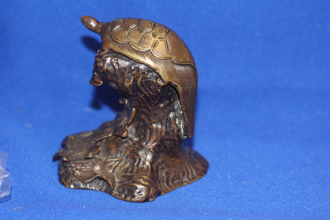 An Antique Bronze Turtle on Tree Stump: bronze or brass - most likely Chinese - 4" tall