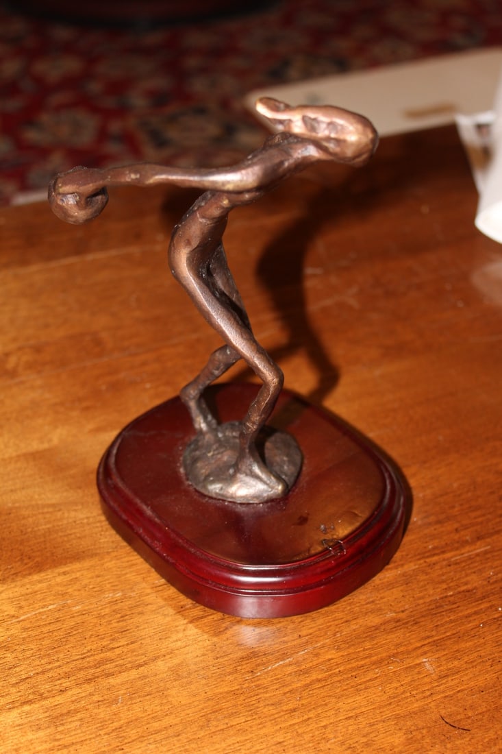 Bronze Bowling Statue: on wood stand - overall: 7 7/8" tall