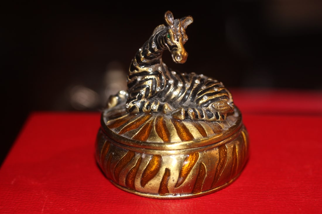 Enamel on Metal Zebra Trinket Box: 3" tall