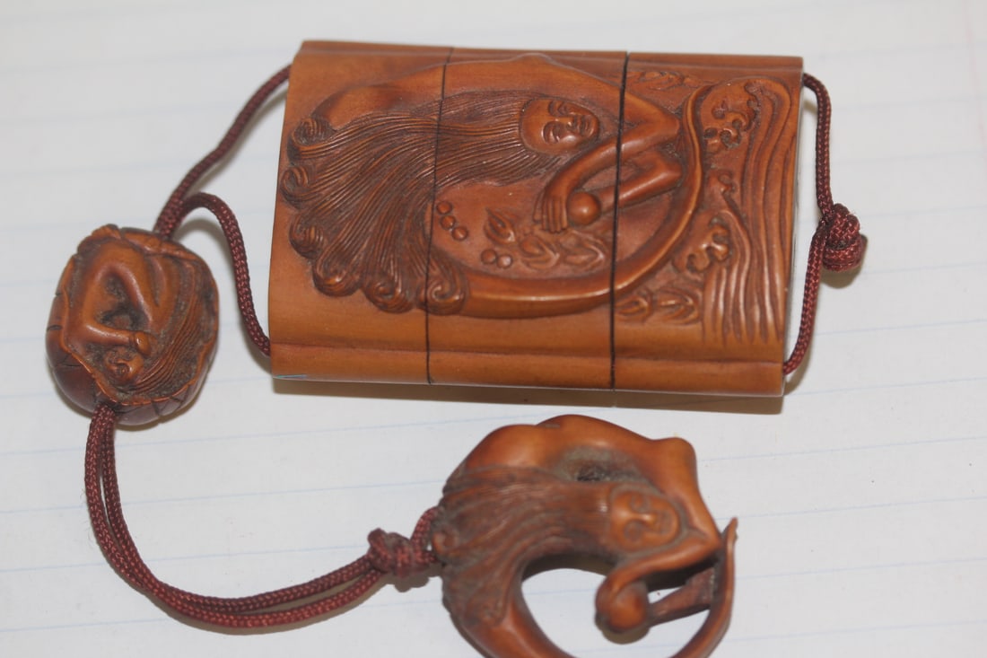 Japanese Wood Nude Inro: with Ojme - signed