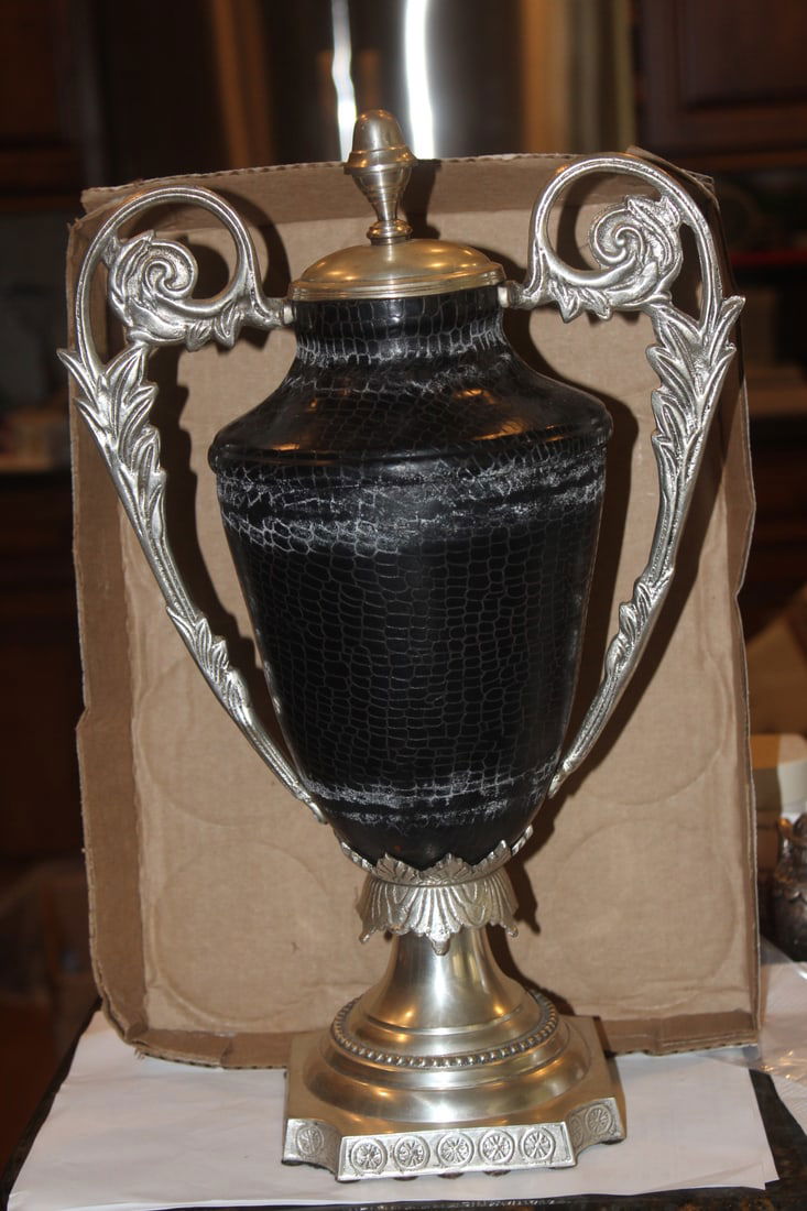 Decorative Metal Urn With Lid: 15 1/4" tall