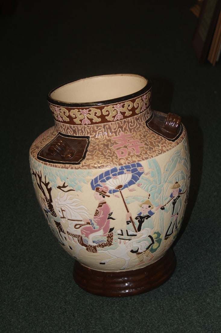 Signed Decorative Pottery Jug: Asian motief - 16 1/2" tall by 10" wide