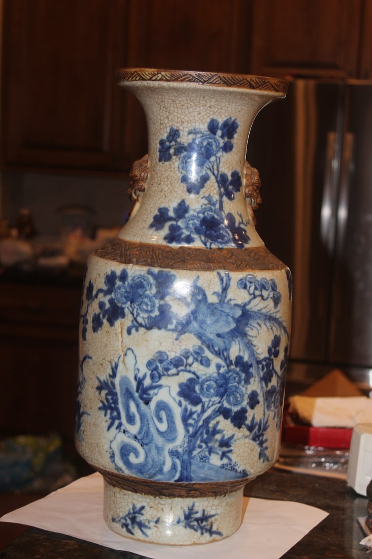 Antique Chinese Blue and White Vase: signed on the bottom - 17 1/2" tall