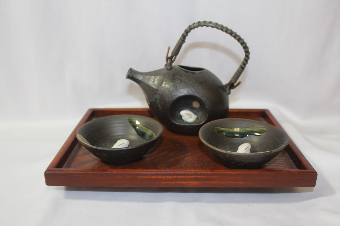 A Signed Japanese Tea Set: Please note: missing lid - 5" wide on tray