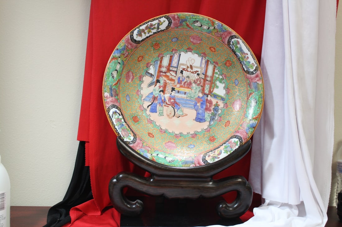 A Rose Medallion Platter and Wood Stand: by Gumps - 14 1/4" in diameter