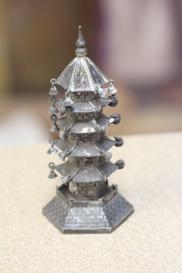 Chinese Export Silver Pagoda: makers mark - also mark silver - missing couple bells - 4" tall
