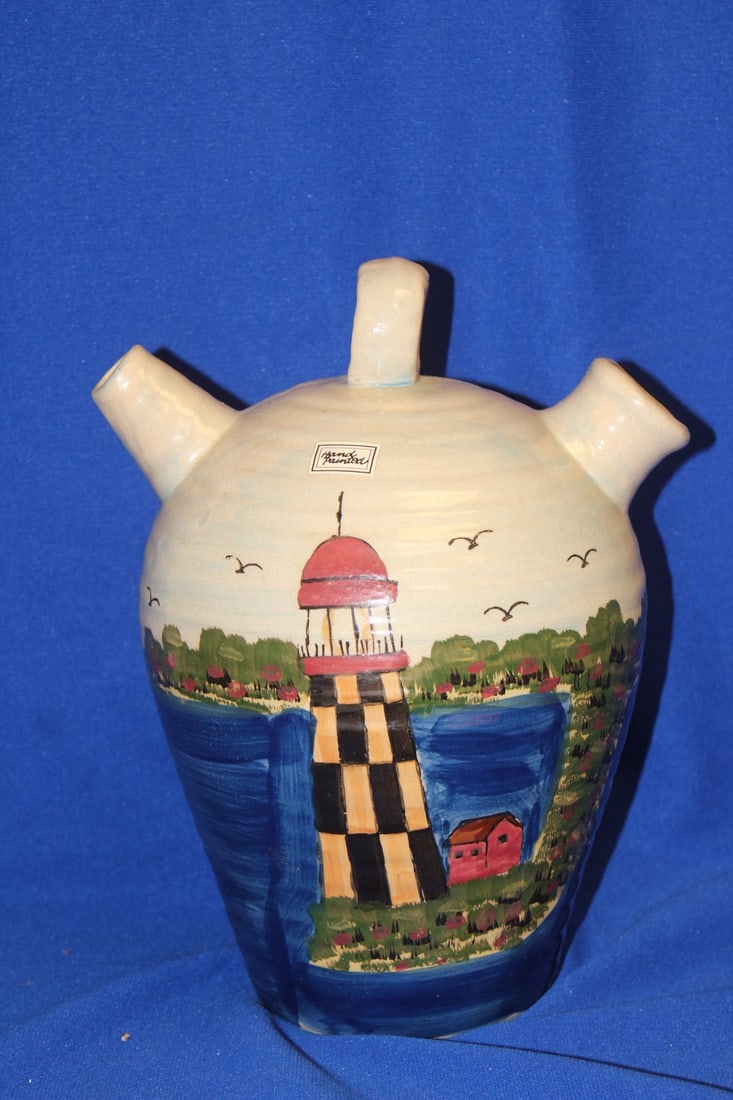 A Nautical Scene Stoneware Jug: hand painted - 10 inches tall