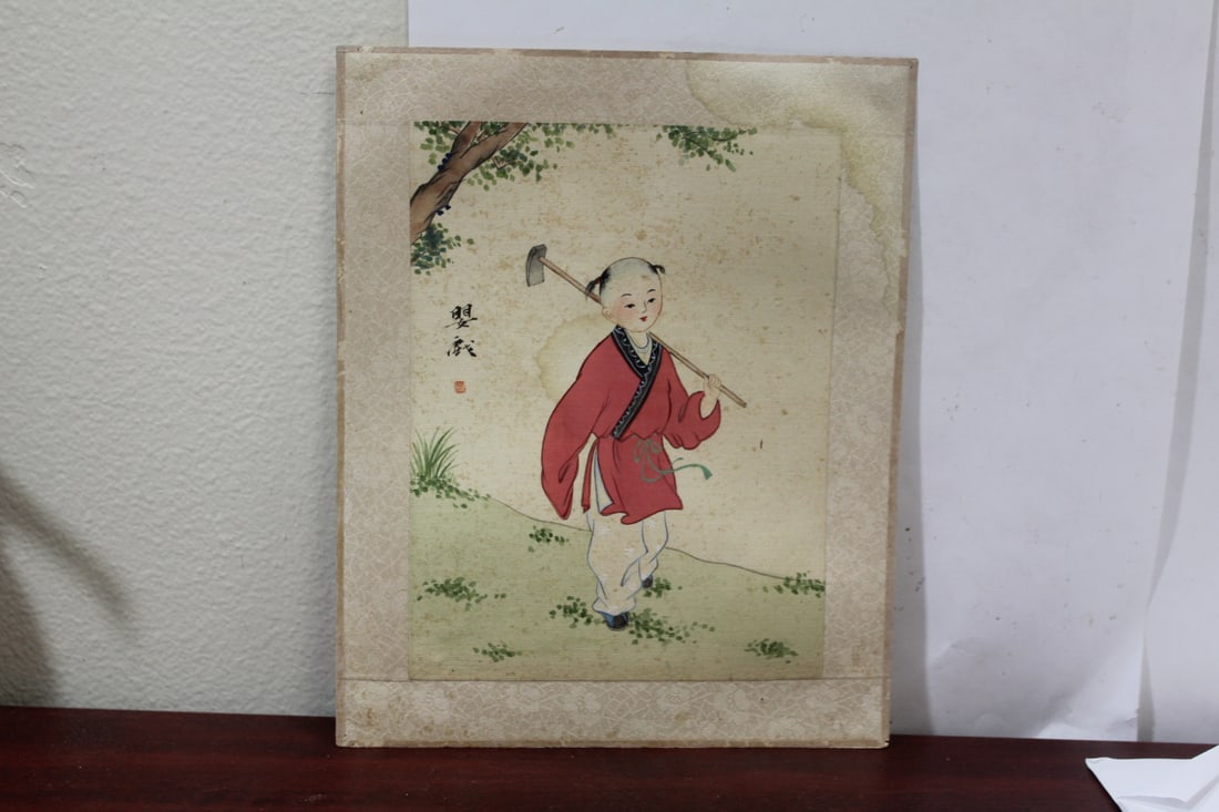 An Antique/Vintage Chinese Watercolour on Silk: laid down on paper - signed - overall= 10" x 8" - please note: stain