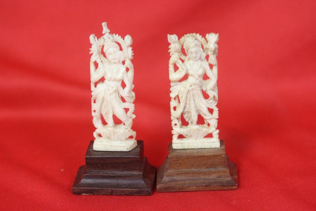 Two Nicely Carved Religious Figurine: on stand - most likely bone - approximately 3" tall