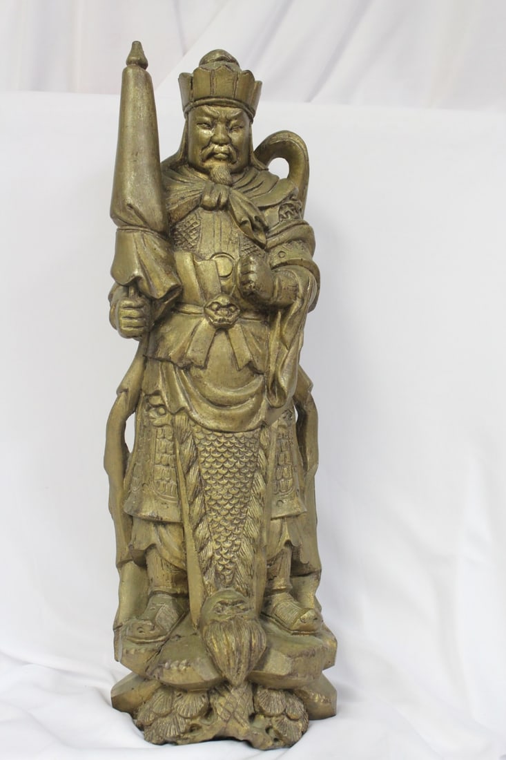 A Gold Gilted Wooden Figure: oriental motif - 19 inches tall - please note: crack - signed on the bottom