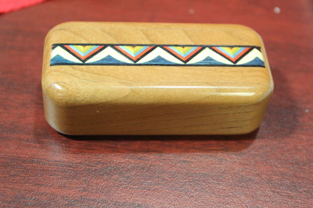An Inlaid Wooden Slide Trinket Box: 3" across