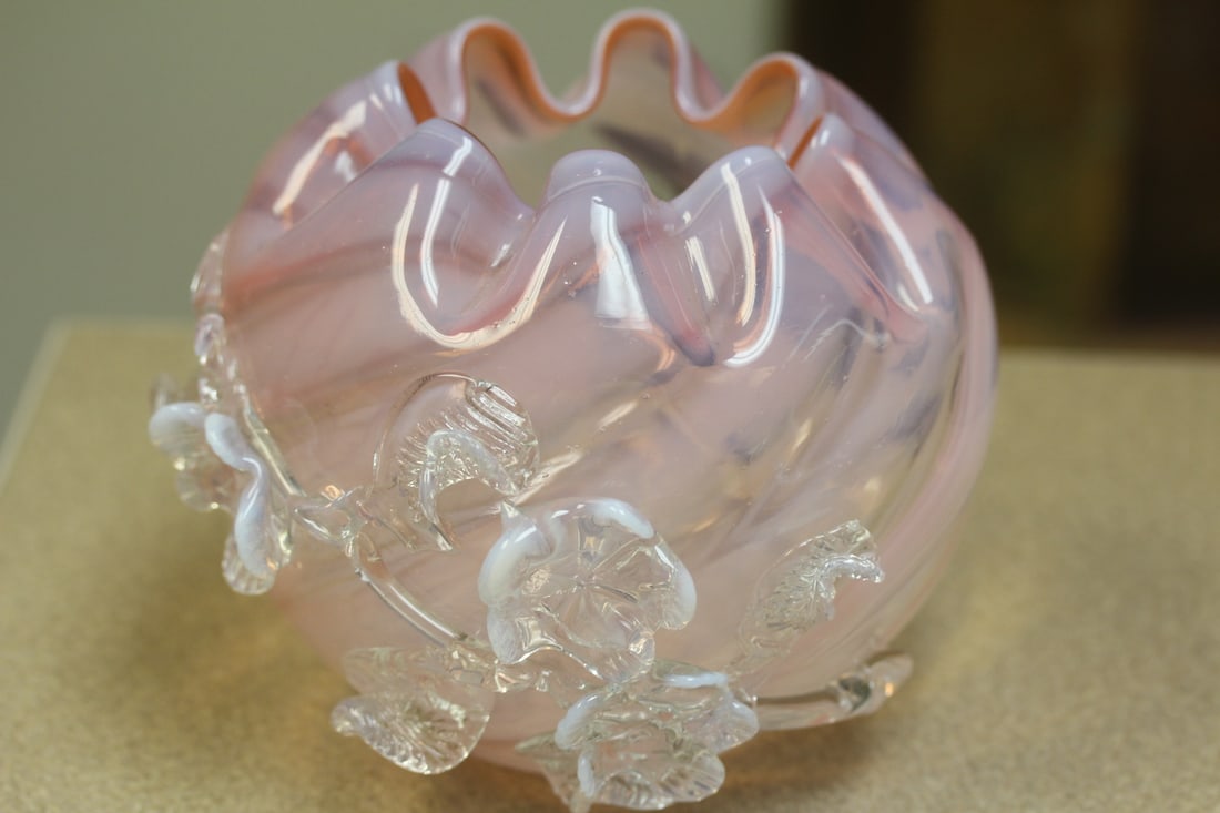 Antique Pink Opalescent Bowl: with applied flowers - peach blown form - 6" tall by 6" wide