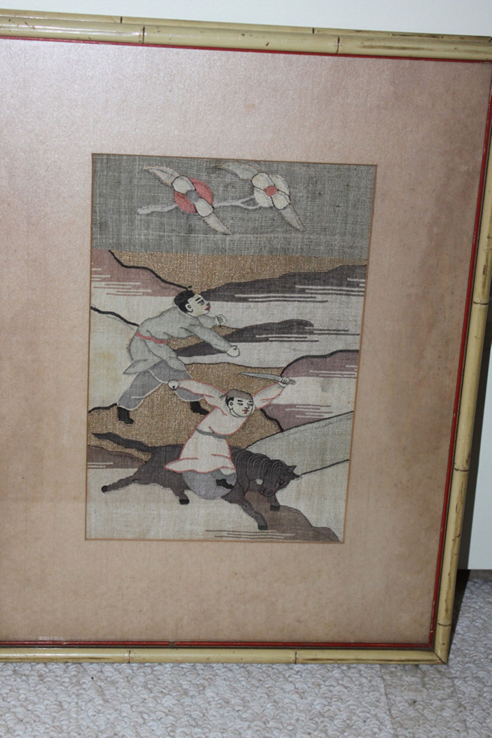 Antique Chinese 19th / 20th C Kesi Painting: Possibly pastel. 19" x 14 1/2" overall. Sight size is 12" x 7 7/8".