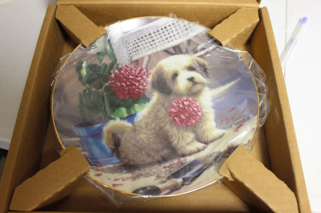 A Puppy Playtime Plate "Weekend Gardener": by Jim Lamb - 23Kt Gold Rim - boxed with COA - 8 1/2 inches in diameter