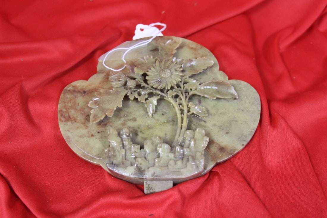 A Soapstone Plaque: restored + chip - 6 1/4" wide
