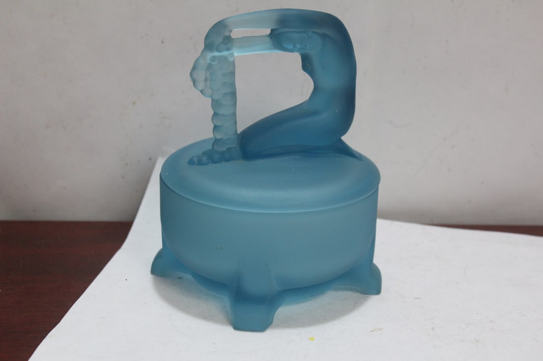 An Art Deco Nude Lady Box: with lid - Dermay inc. 5th Ave, NYC - 1930's satin teal blue glass box - 6 1/2" tall - rare